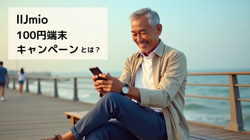 海辺のベンチでIIJmioのスマートフォンでネット検索している男性