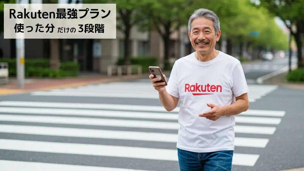 横断歩道で、Rakuten最強プランでRakuten WiFi Pocket Platinumを使って、スマートフォンで通話をしている男性