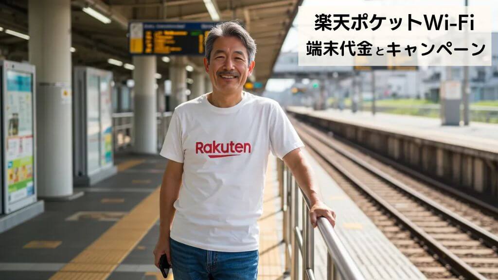 駅のホームで、Rakuten最強プランでRakuten WiFi Pocket Platinumを使って、スマートフォンで通話をしている男性