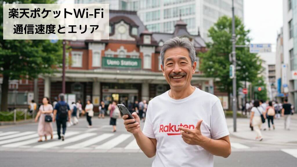 駅前で、Rakuten最強プランでRakuten WiFi Pocket Platinumを使って、スマートフォンで通話をしている男性