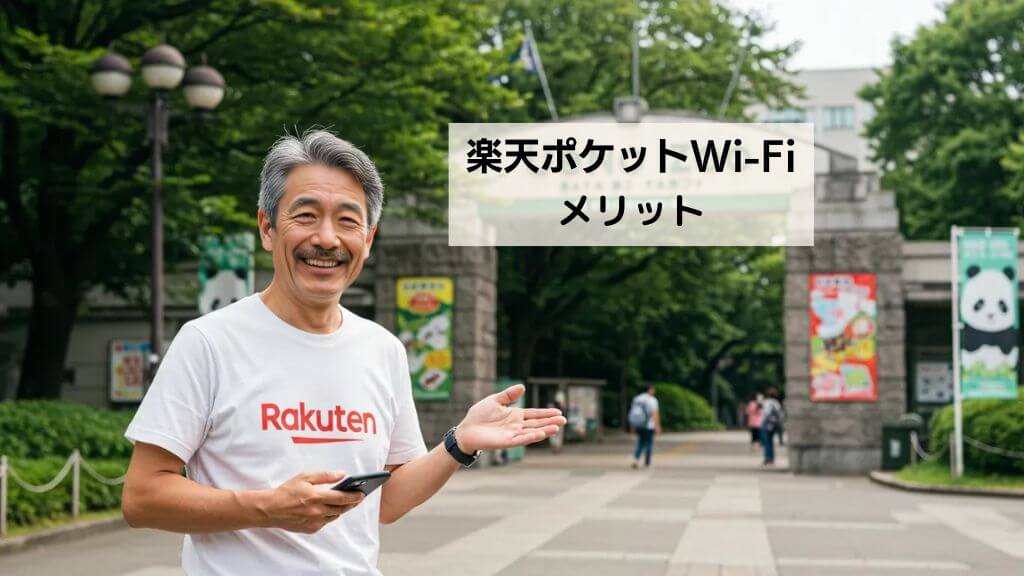 動物園の入口で、Rakuten最強プランでRakuten WiFi Pocket Platinumを使って、スマートフォンで通話をしている男性