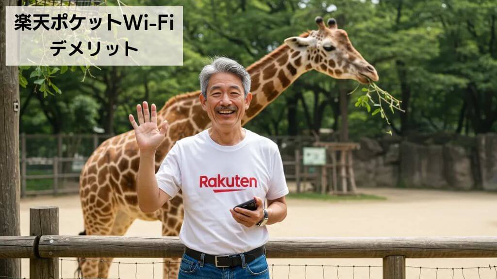 動物園のキリンを背景に、Rakuten最強プランでRakuten WiFi Pocket Platinumを使って、スマートフォンで通話をしている男性