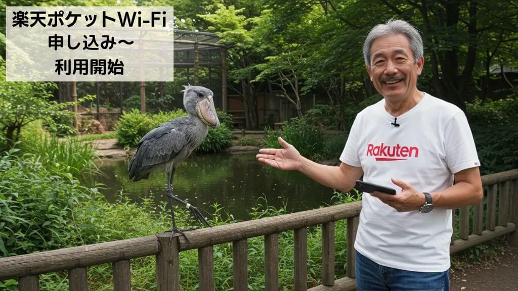 動物園のハシビロコウを背景に、Rakuten最強プランでRakuten WiFi Pocket Platinumを使って、スマートフォンで通話をしている男性