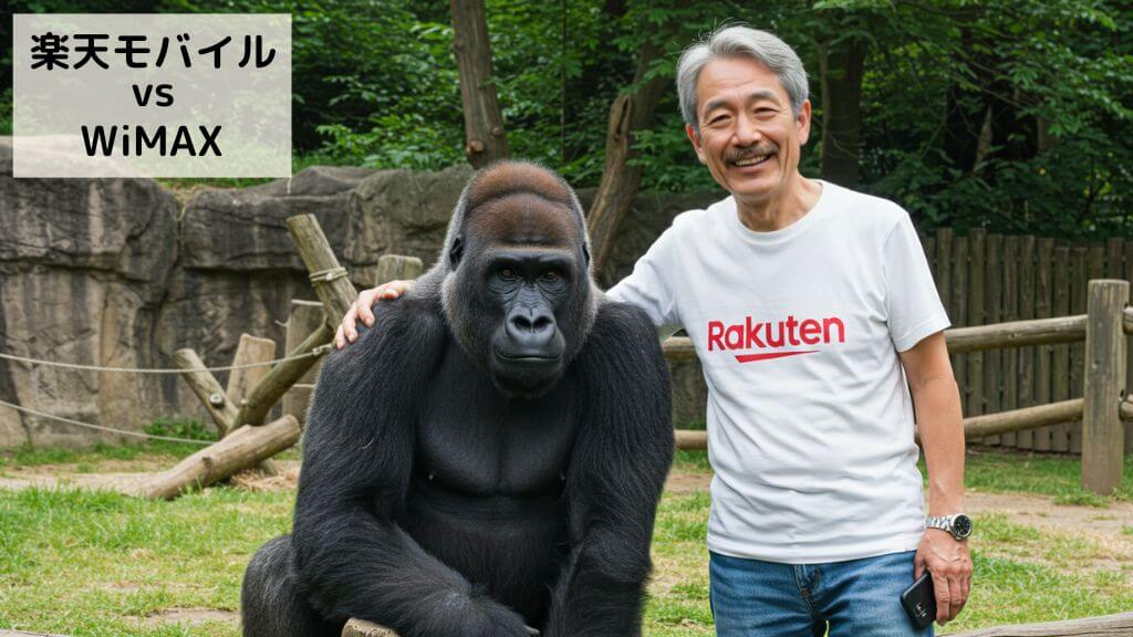 動物園のゴリラと肩を組んで、Rakuten最強プランでRakuten WiFi Pocket Platinumを使って、スマートフォンで通話をしている男性