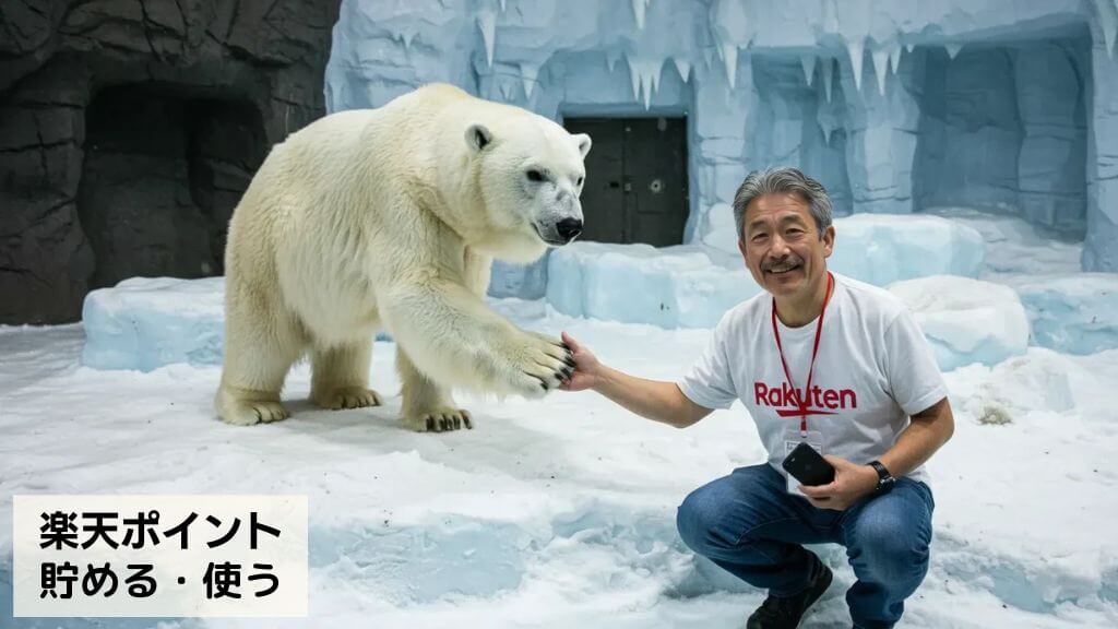 動物園のホッキョクグマと握手をして、Rakuten最強プランでRakuten WiFi Pocket Platinumを使って、スマートフォンで通話をしている男性