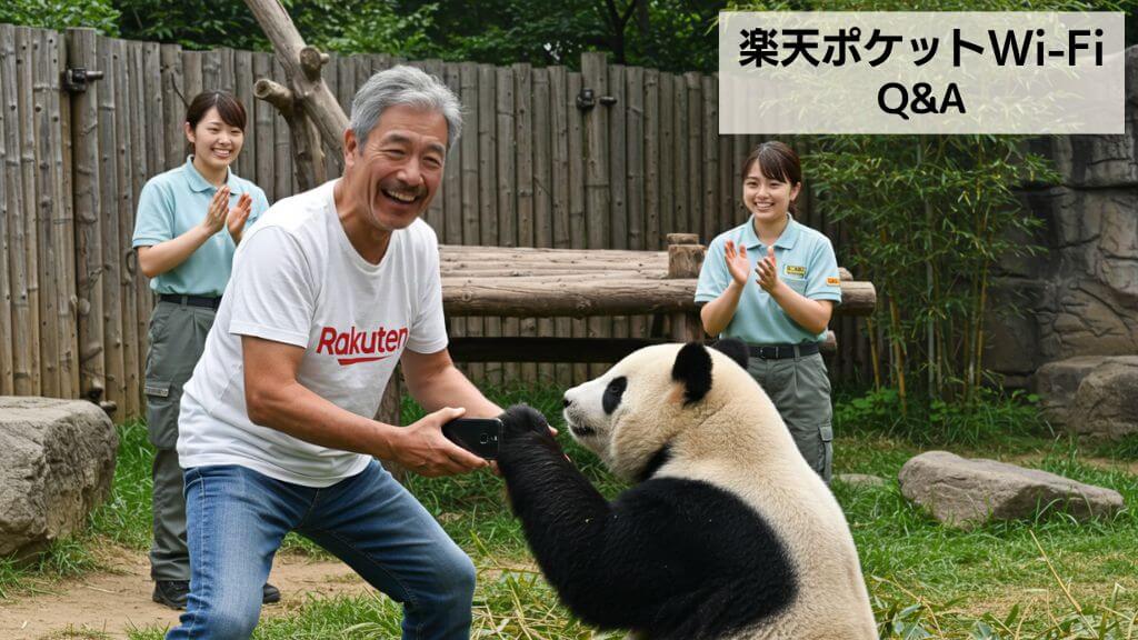 動物園のパンダと握手をして、Rakuten最強プランでRakuten WiFi Pocket Platinumを使って、スマートフォンで通話をしている男性