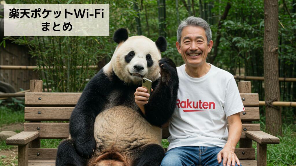 動物園のパンダと肩を組んで、Rakuten最強プランでRakuten WiFi Pocket Platinumを使って、スマートフォンで通話をしている男性