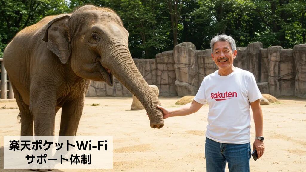 動物園の象と握手をして、Rakuten最強プランでRakuten WiFi Pocket Platinumを使って、スマートフォンで通話をしている男性