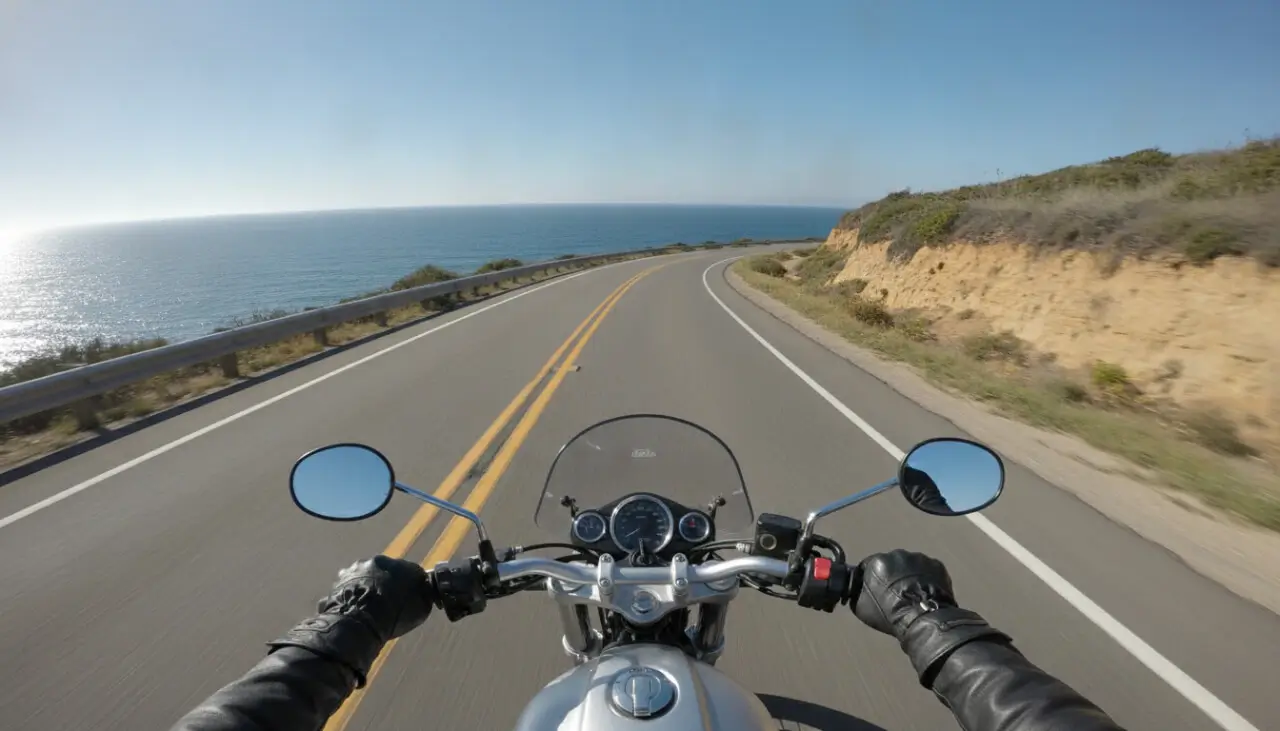美しい海沿いを走るバイクの主観映像