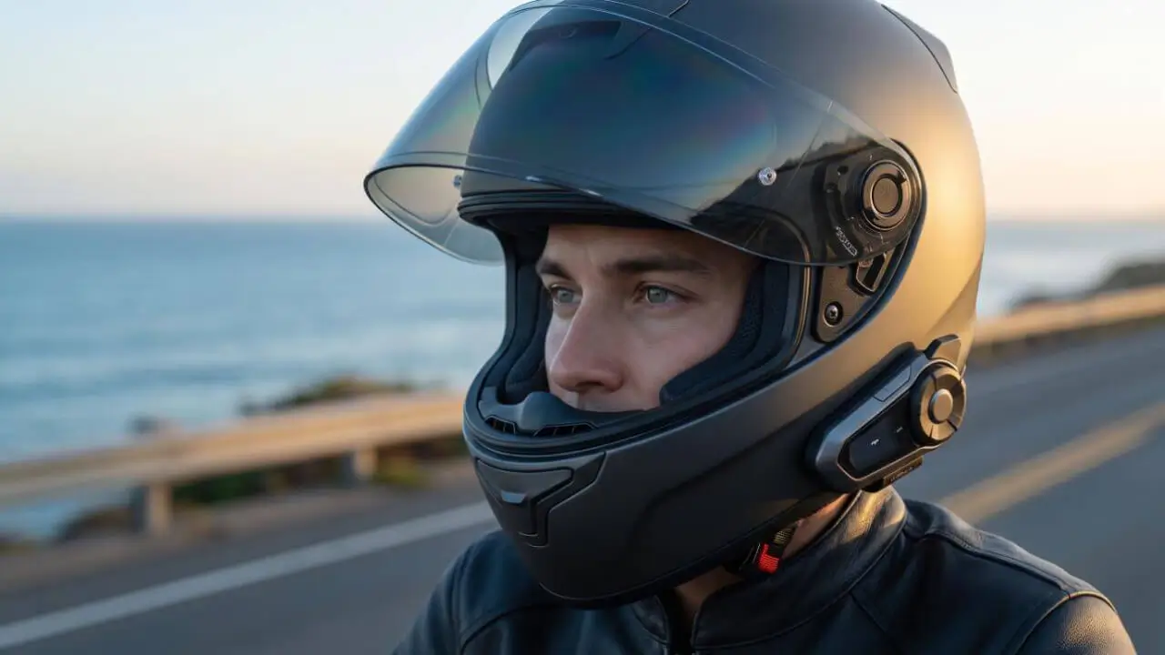 最新インカムを装着して快適に沿岸を走行するライダーの美しい実写イメージ