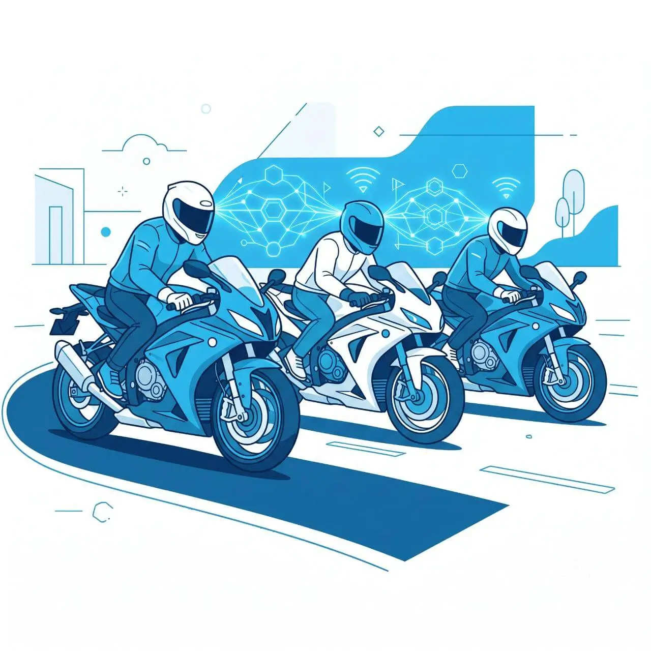 複数のバイクライダーがシームレスにメッシュ接続されているイメージイラスト