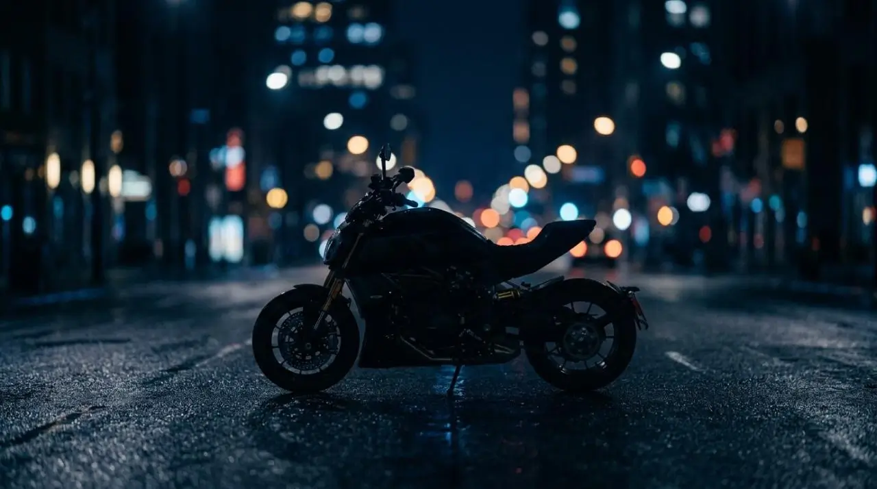 夜の静かな都会に佇むプレミアムモーターサイクルのシルエット