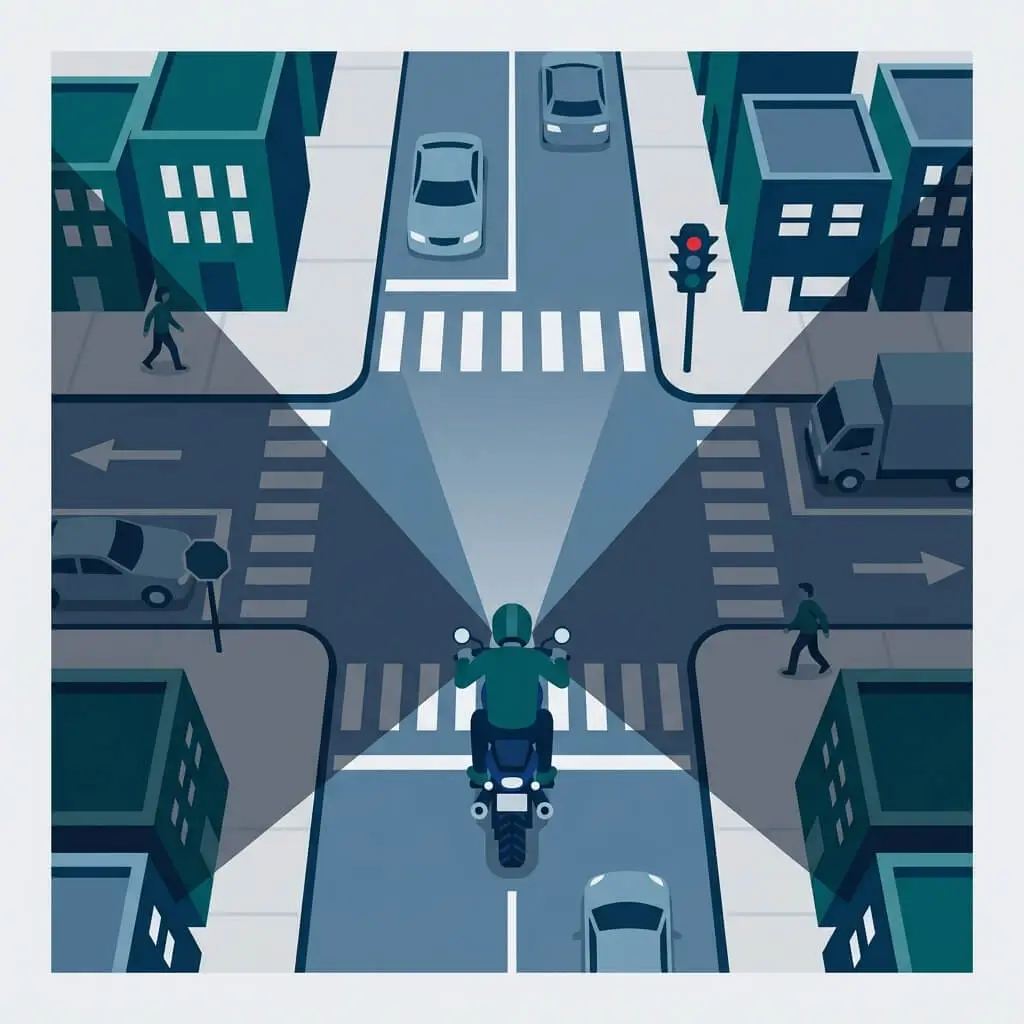 街乗りの交差点で感じる死角への恐怖のイラスト