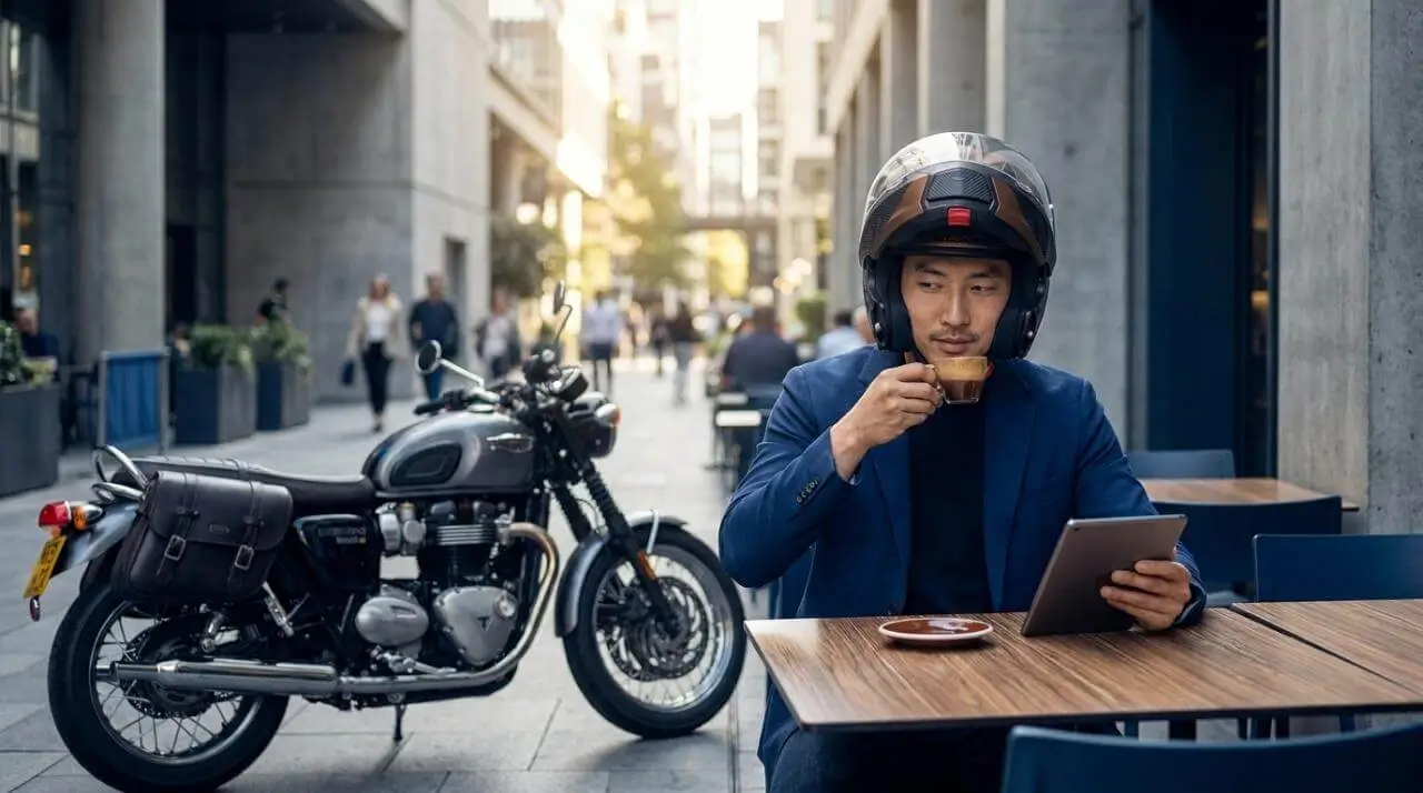 街乗りの途中でミニマルなコンクリートカフェにスマートに立ち寄るシーン