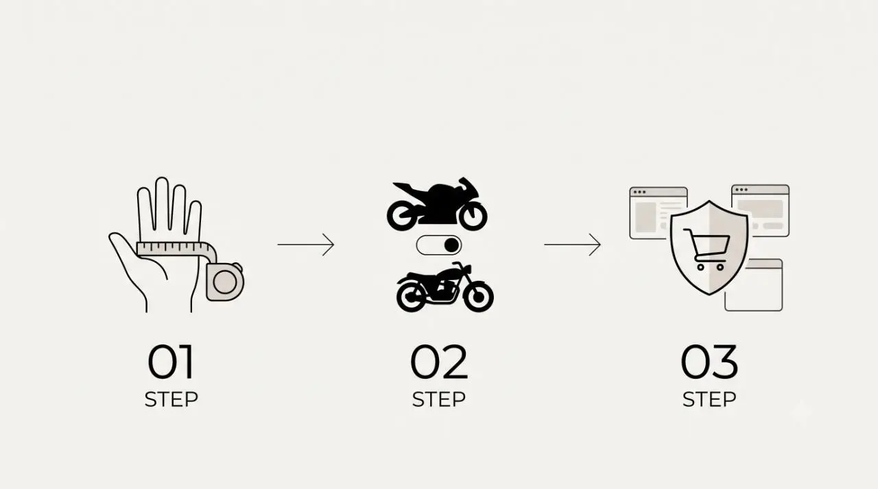 失敗しないためのバイクグローブ購入3ステップを表現したイラスト
