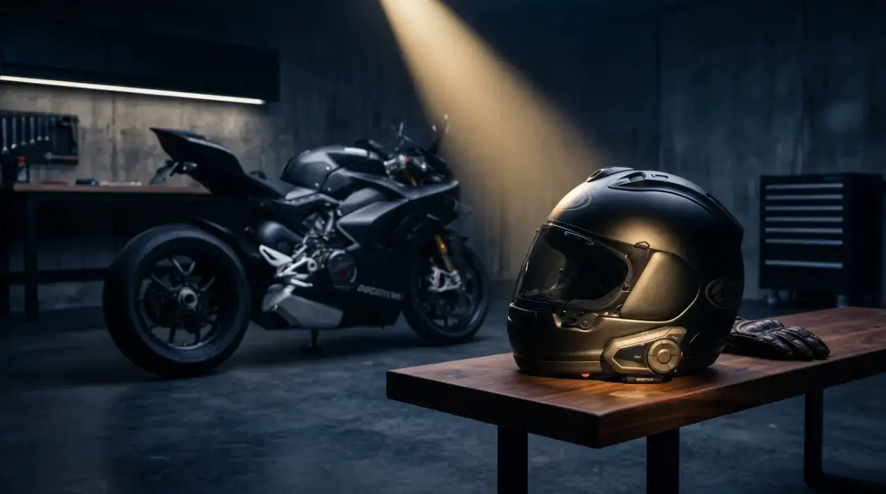 Sophisticated helmet and modern garage background